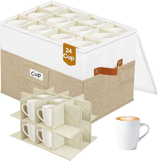 2-Layer Mug Storage Organizer,Quilted Cup Box,China Storage Containers for 24 Tea Cups or Coffee Mugs with Clear Hard Lid,Stackable Tea Storage for Moving(Beige)