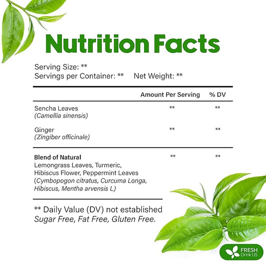 FreshDrinkUS, Premium Green Ginger Tea | 75 Tea Bags | Sencha Green Tea with Ginger, Lemongrass, Turmeric, Hibiscus & Peppermint | Natural Herbal Blend | Comfort & Refreshing, Vegan