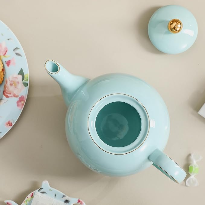 30oz Blue Porcelain Teapot, Ceramic Teapot with Gold Trim, Elegant Teapot for Loose Leaf Tea & Tea Bags, Tea Party Essential