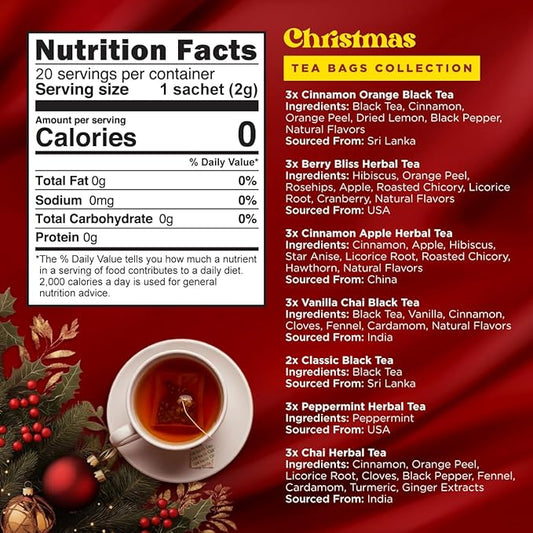 Gya Tea Co Christmas Assorted Tea Bags Variety Pack - 20 Bags 7 Seasonal Flavors - Caffeinated & Caffeine Free Holiday Tea Sampler Gift Set Box - Easy Brew, Natural Ingredients, Enjoy Hot or Iced