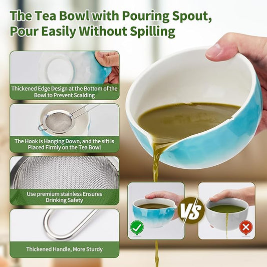 Aganippe 7 Pcs Matcha Whisk Set,Matcha Set, Matcha Kit, Matcha Tea Set,Matcha Bowl Set with Cat Scoop Holder, Tea Cloth, Sifter(Gradient Turquoise)