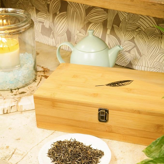 Bamboo Tea Organizer Box Chemical Free Eco-Friendly Big, Tall, Adjustable Cubbies Natural Wooden Storage Chest (8-Slot 14.3" x 8.1" x 4.2" with Tea Leaf design)