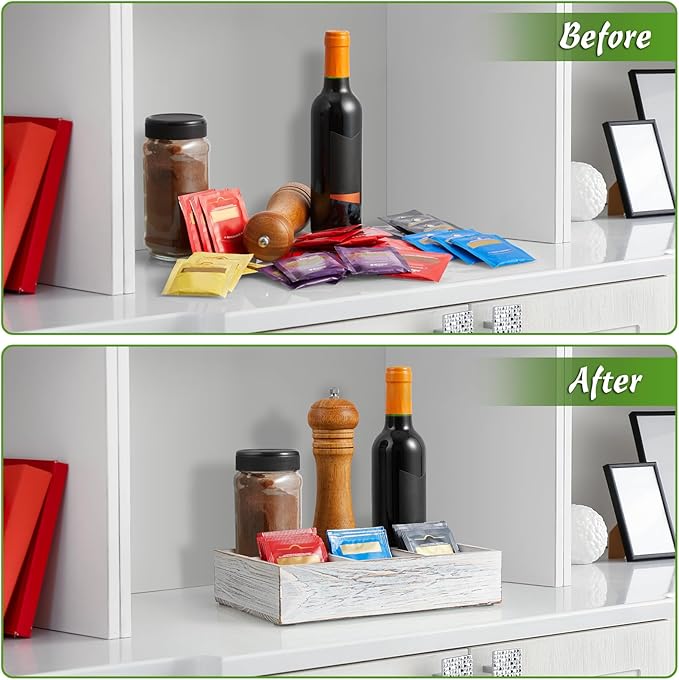 DRASTAR Tea Bag Organizer, Small Tea Bag Holder, Tea Storage Containers with 6 Slots, Wooden Sugar Packet Holder, Mini Tea Bag Caddy Box for Countertop, Retro White