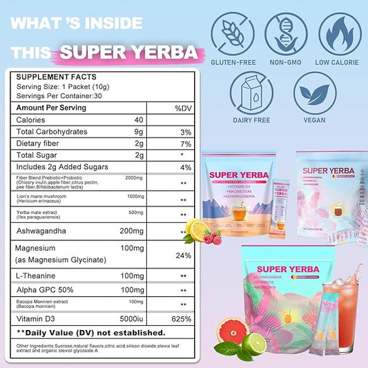 Super Yerba Mate Instant Powder Variety Pack - Citrus, Lemon & Grapefruit Flavors | 30 Servings Each | Energy Boost, Mental Clarity, Gut Health & Satiety | Prebiotics, Probiotics, Hot & Cold Brew, Portable (3pcs/set)