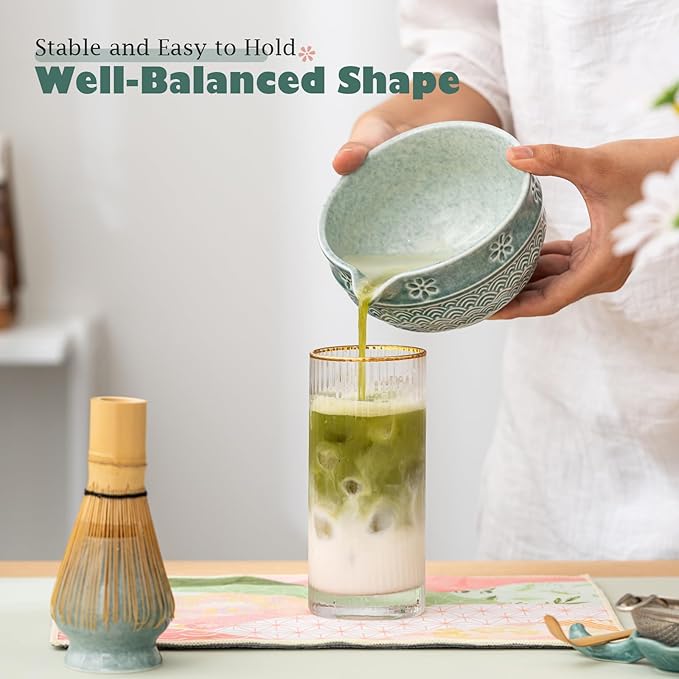 Matcha Tea Set, 8 Pcs Japanese Matcha Kit with Cherry Blossom and Wave Design Ceramic Bowl, Bamboo Whisk, Whisk Holder, Scoop, Sifter, Brush, Matcha Kit Set for Matcha Lovers (Blue)