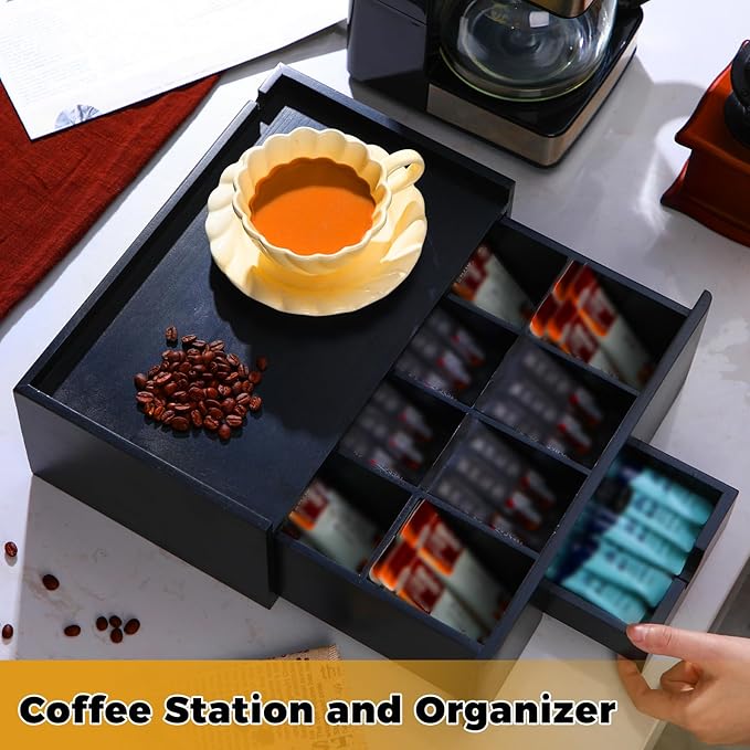 Tea Bag Organizer Wood Tea Organizer Storage Box 8 Compartments Container Holder with Lid to Storage and Keep Fresh(Black)