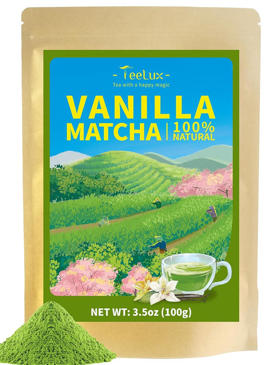 TeeLux Vanilla Matcha Green Tea Powder, First Harvest Premium Matcha + Delicate Vanilla Powder, Flavorful & Aromatic, Hot or Iced Tea, 3.5oz