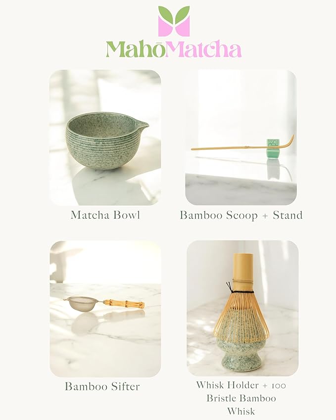 Whisk Set – 6-Piece Matcha Bowl & Bamboo Whisk Kit with Bowl, Scoop, Sifter, Ceramic Chasen Holder & Premium Gift Box | Cute Japanese Matcha Ceremony Tea Set for Making Breakfast & Latte