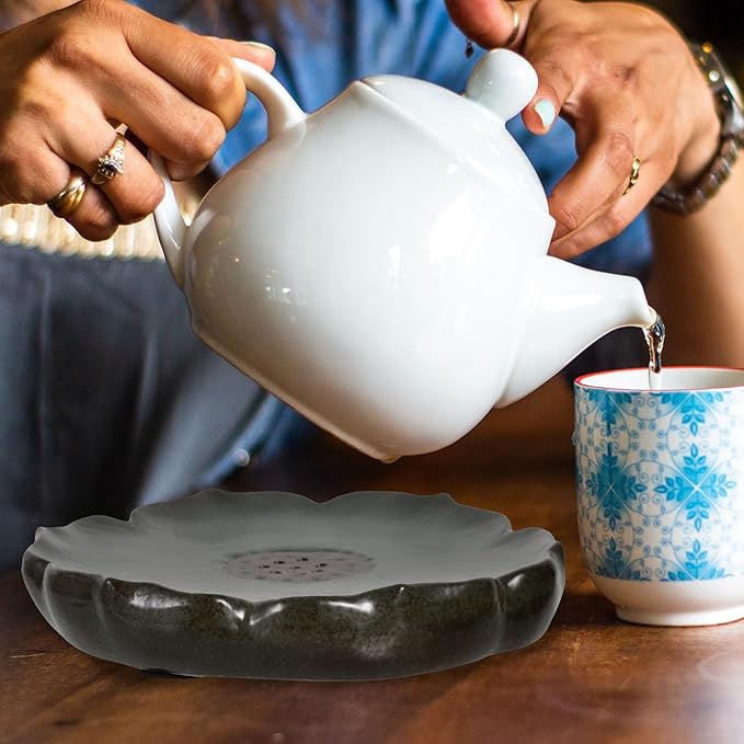 Garneck Tea Tray Ceramic Tea Serving Tray with Draining Board Retro Lotus Pattern Pot Mat Chinese Gongfu Coffee Table Table Box with Water Storage