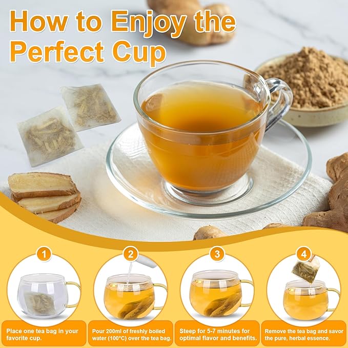 Ginger Tea Bags 60 Count - 100% Pure Extra Hot & Spicy Ginger Root | Strong Intense Flavor, Digestion Support, Caffeine Free Herbal Tea | Natural Loose Leaf
