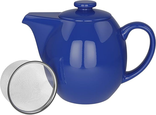 OmniWare 24 Ounce Teapot with Removable Stainless Steel Infuser (Simply Blue) - Loose Leaf Tea Brewer, Microwave & Dishwasher Safe, Retro-Inspired Stoneware for Kitchen & Dining
