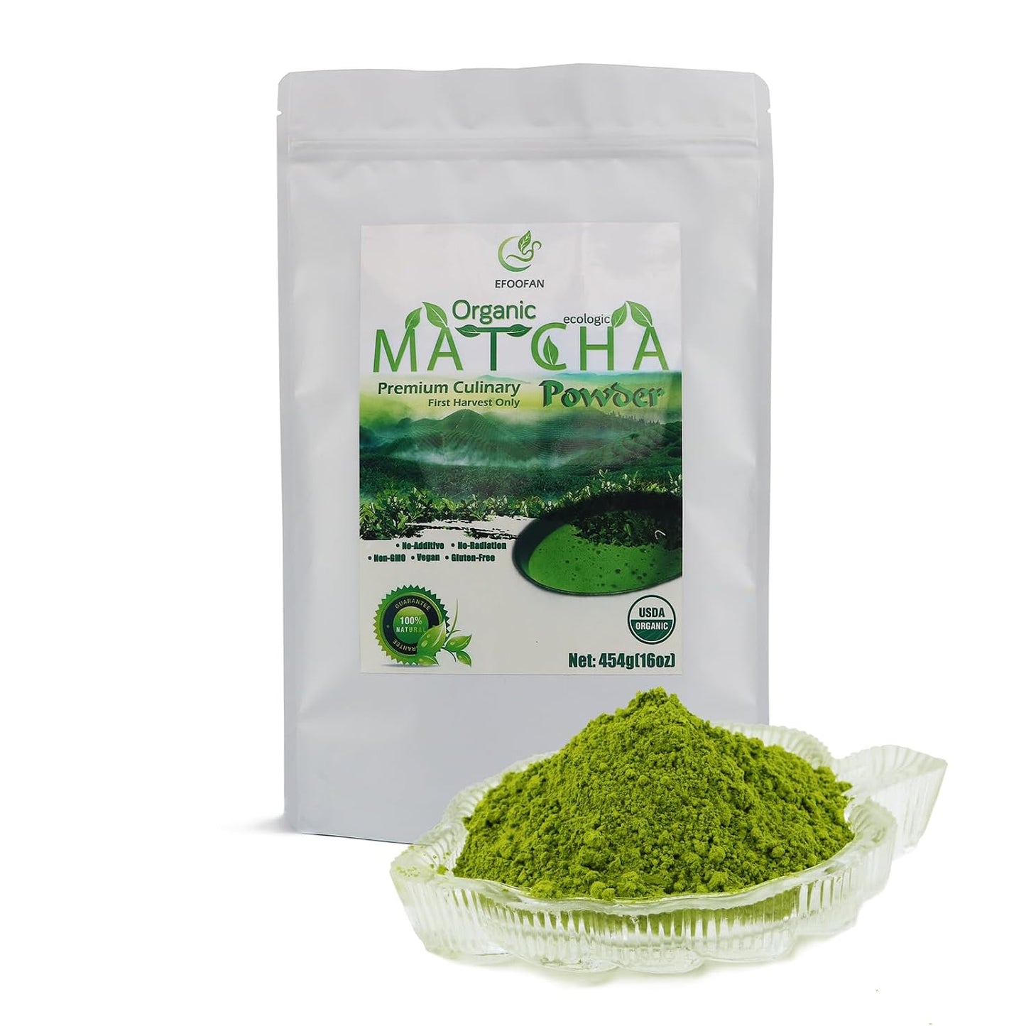 EFOOFAN Organic Premium Culinary Matcha Powder, Tencha Flavor, 16oz Bulk | USDA certified. Premium grade for baking, ice cream & smoothies. Bulk size, great value. Finely ground. Resealable bag.