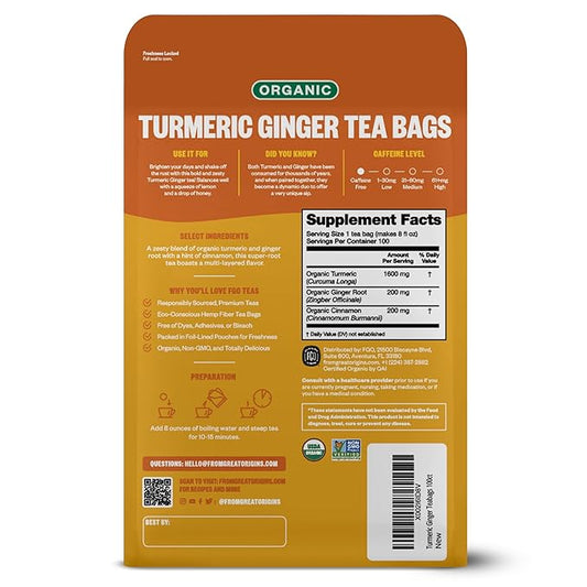 FGO Organic Turmeric Ginger Tea, Eco-Conscious Tea Bags, 100 Count, Packaging May Vary (Pack of 1)