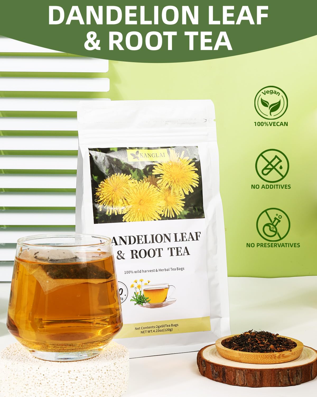 Dandelion Tea Bags 60 Count, Dandelion Root & Leaf Herbal Detox Tea for Liver & Kidney Health, Supports Digestion & Immune System - 100% Natural, Caffeine-Free, Non-GMO, No Additives