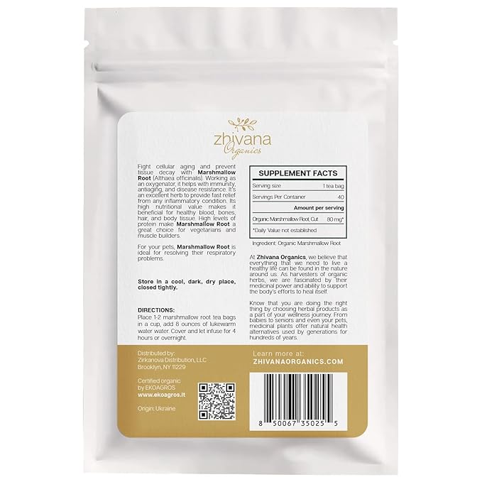Marshmallow Root Tea Organic (40 Tea Bags) – Medicinal Teabags to Support Throat & Digestive Comfort (Althaea Officinalis) - Caffeine-Free, Non-GMO