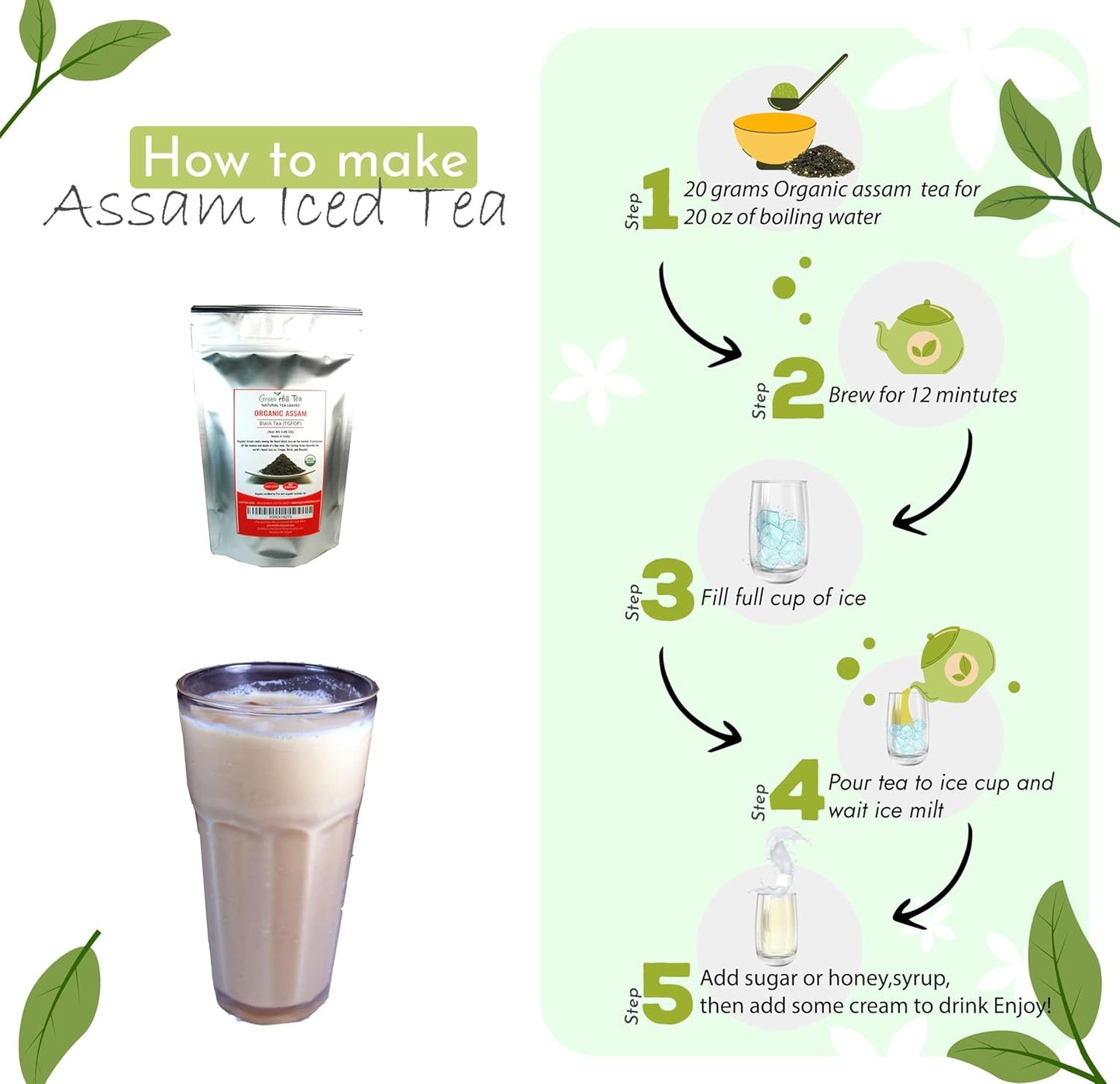 Greenhilltea, Organic Assam (TGFOP) Black teaWith Tippy and Flowery premium loose leaves tea packed in resealable zip lock foil bag 4 OZ