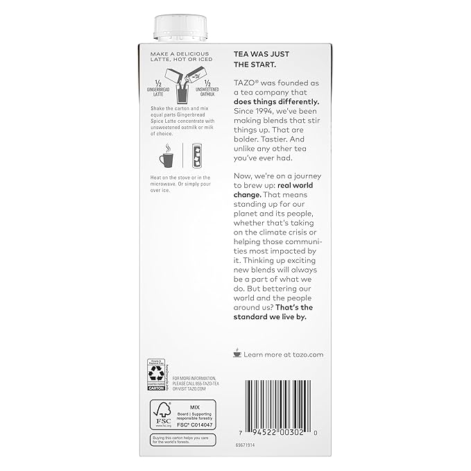 TAZO Decaf Gingerbread Spice Latte Tea Concentrate, 32 Fl Oz Carton (Pack of 2)