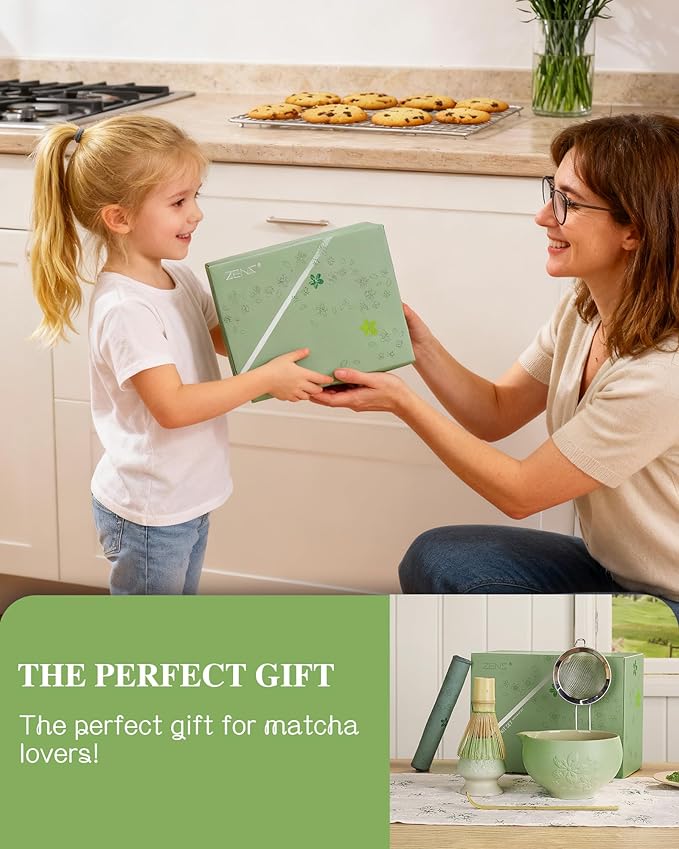 ZENS Matcha Whisk Set, Ceramic Matcha Tea Set with 15oz Sakura Bowl and Bamboo Whisk & Scoop, (Chasen Holder), Stainless Sifter-Tea Towel, 6pcs Matcha Kit for Matcha Lovers, Green