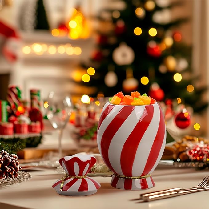 Christmas Ceramic Food Storage Jars with Lid, 24.7 OZ Hand printed Xmas Candy Jar Coffee Cookie Container for Snacks, Sugar Containers, Tea, Spice, Cereal, Nut - 700ml