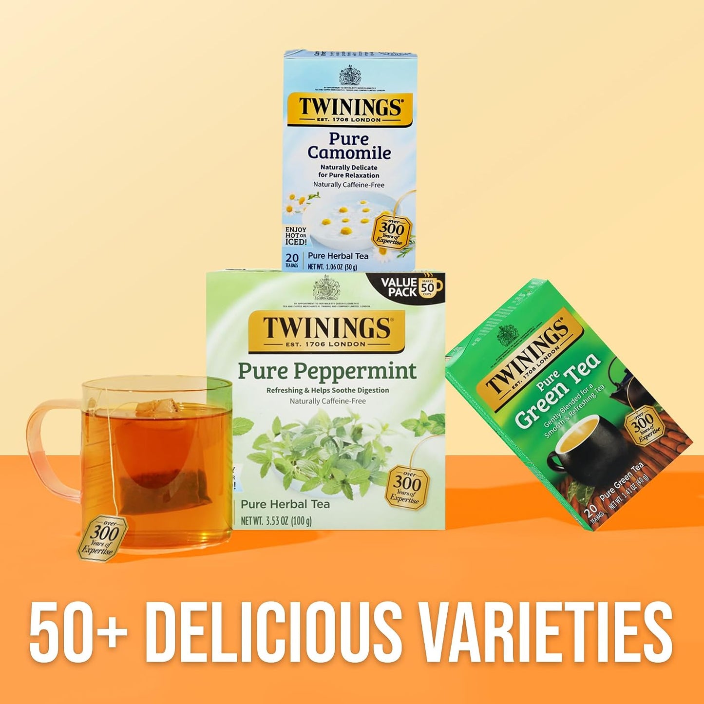 Twinings Pure Peppermint Caffeine-Free Tea Bags, 50 CT Box (6 Pack) | Fresh Minty Flavour, Soothes Digestion, Naturally Caffeine-Free, 300 Foil Lined Individually Wrapped Bags, Enjoy Hot or Iced