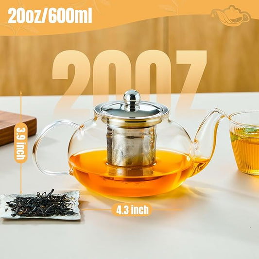 Glass Teapot Stovetop 20 OZ/600ml, Tea pot with Removable 18/8 Stainless Steel Infuser, Borosilicate Clear Tea Kettle, Teapot Blooming and Loose Leaf Tea Maker Tea Brewer for Camping, Travel