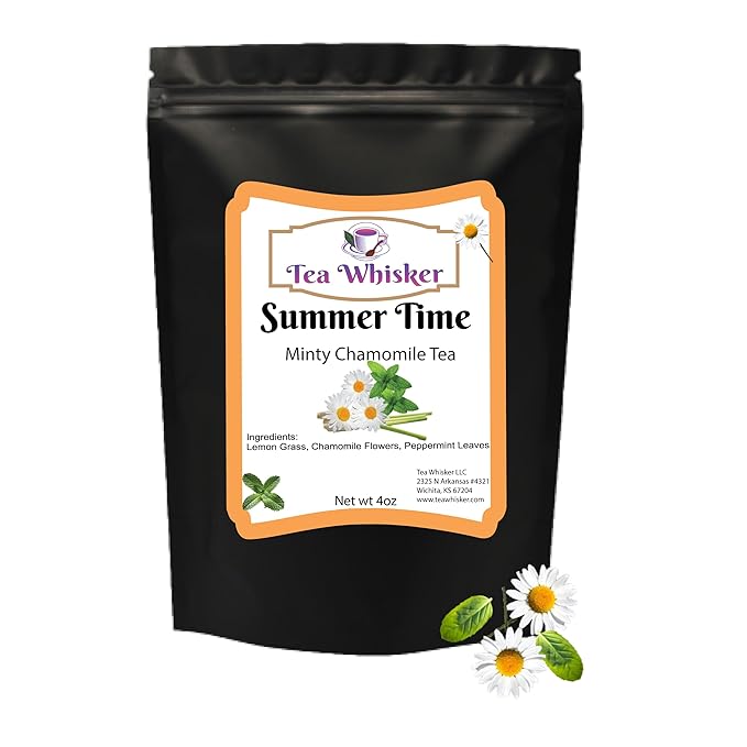 Tea Whisker - Summer Time | Minty Chamomile | Floral Herbal | Loose Leaf Tea | 4 Ounce Pouch | Serve Iced or Hot | Non-Caffeinated