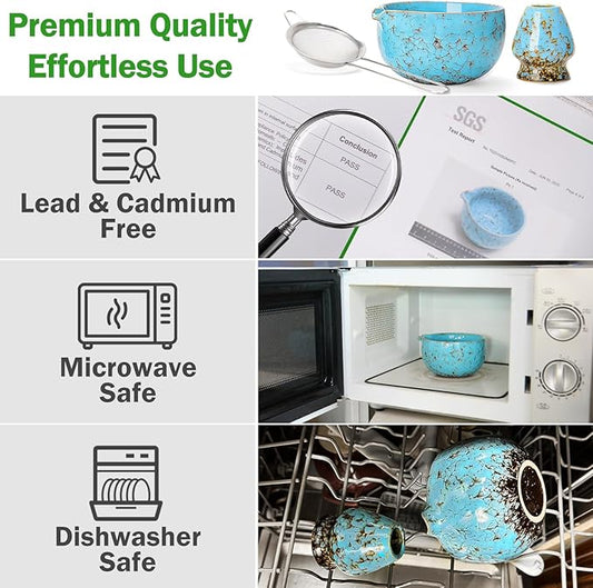 MONOJOY Matcha Bowl and Whisk Set – Multi-Layer Ice-Crackle Ceramic Chawan with Spout, Bamboo Chasen, Holder, Scoop & Sifter | Japanese Ceremonial Matcha Tea Kit for Lattes & Beginners