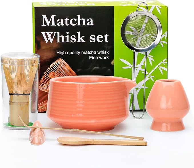 Matcha Whisk Set,7pcs Pink Matcha Set includes Matcha Bowl (19 oz),Bamboo Matcha Whisk and Matcha Sc