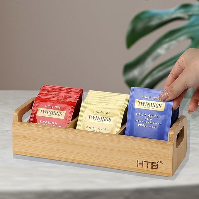HTB Small Tea Bag Holder, Bamboo Tea Organizer 3 Compartments for Beverage Suppliers, Sugar, Sweeteners, Individual Packets, Portable Tea Bag Organizer for Home Kitchen Counter or Office