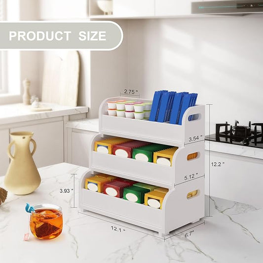 Wisuce Tea Holder for Tea Bags Organizer - White Bamboo Tea Organizer for Tea Bags 3-Tier Stackable Wall Mount Large Capacity Tea Storage Box to Pantry Countertop Kitchen Office