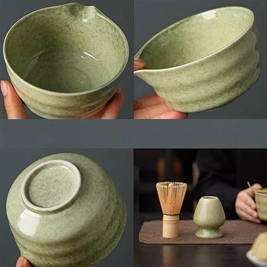 Matcha Whisk Set, Matcha Bowl with Spout, Matcha Whisk and Holder, Bamboo Matcha Scoop and Stainless Steel Sifter