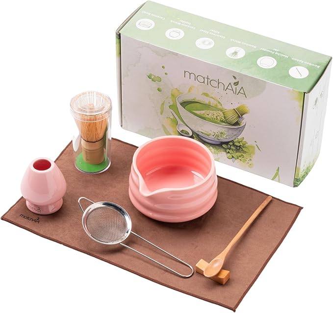 Matcha Whisk Set - Ceramic Bowl, Bamboo Whisk with Holder, Sifter, Schima Spoon, Spoon Rest and Tea