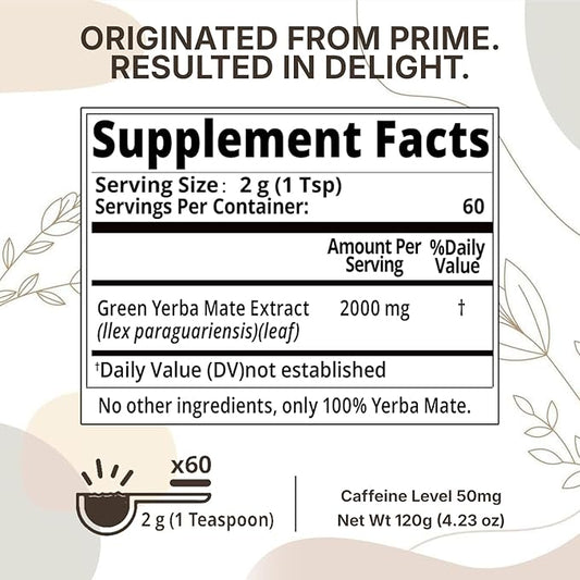 Yerba Mate Instant Tea, Sugar Free Pure Yerba Mate Extract Herbal Tea, Natural Clean Energy & Focus Boost, 4.23 oz (60 Servings)