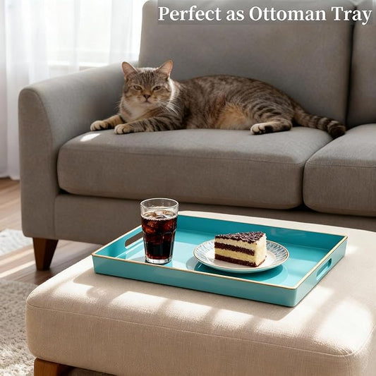 Zosenley Decorative Plastic Serving Tray with Handles, Modern Vanity Organizer for Bathroom, Kitchen, Ottoman and Coffee Table (Blue, Rectangular)