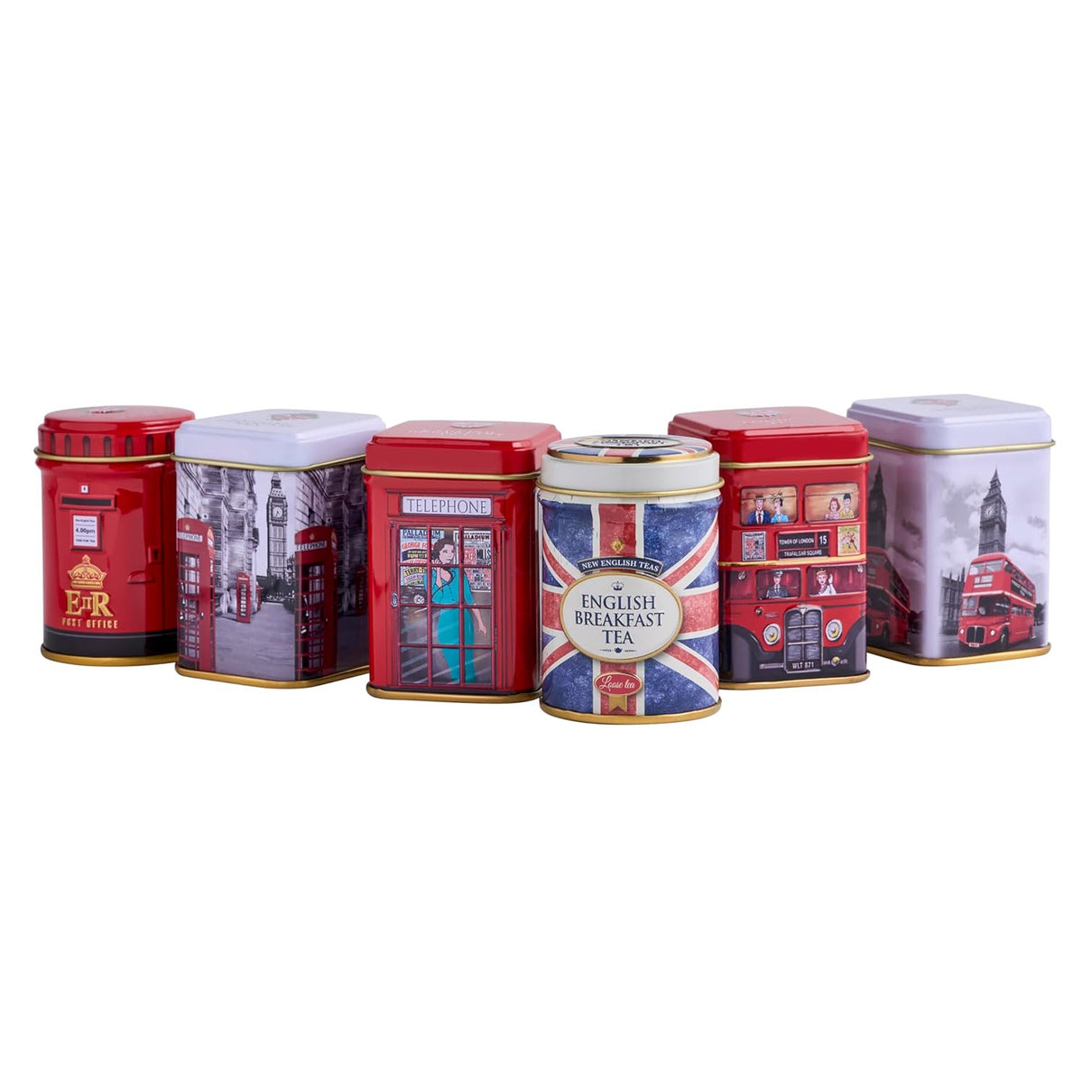 New English Teas British Icons 6x Tea Tin Gift Pack with 140g Loose English Tea - Union Jack