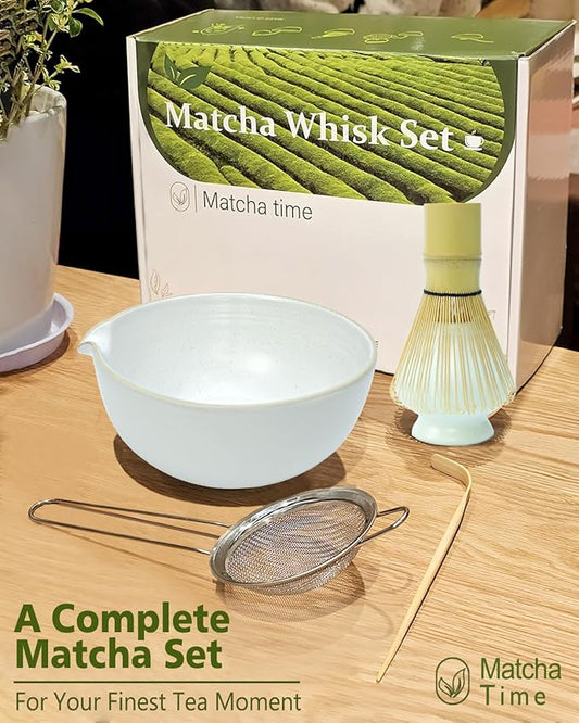 Matcha Whisk Set with Matcha Bowl, Matcha Whisk Holder Matcha Bamboo Whisk, Scoop, Sifter