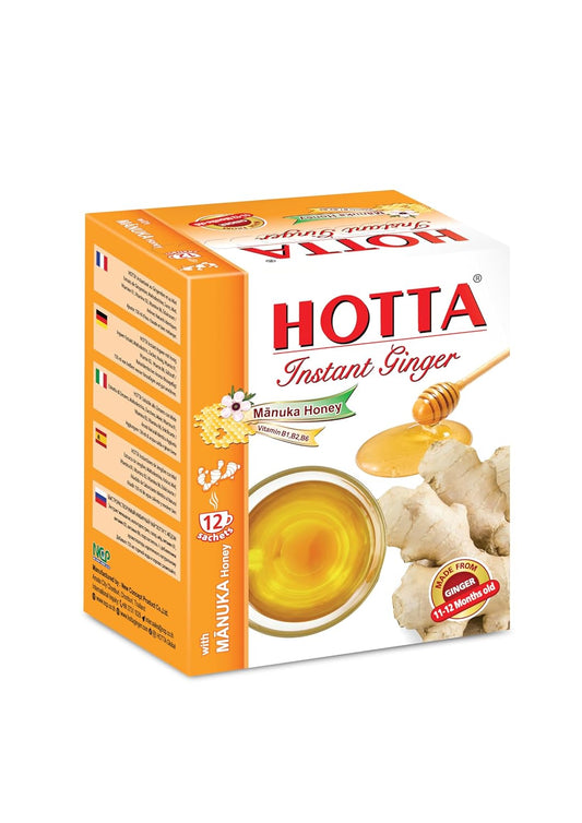 HOTTA Instant Ginger Drink with Manuka Honey, Naturally Sweet, Caffeine-Free Herbal Tea, High in Vitamin B1, B2 & B6, Smooth & Comforting, Enjoy Hot or Cold, 12 Sachets
