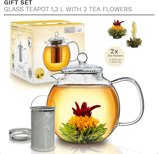 Creano Glass Teapot 44oz (1300ml) with removable stainless steel Tea Infuser - includes 2 Blooming Teas - Giftset - Tea Kettle and Tea Maker