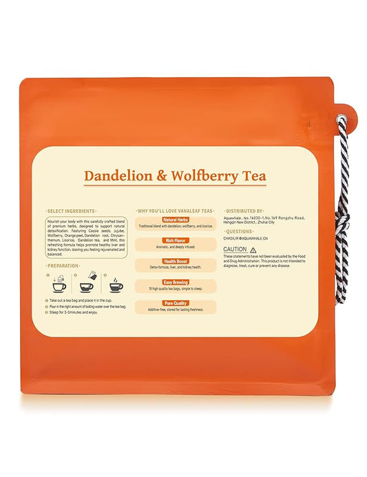 Organic Dandelion Root & Wolfberry Detox Tea Bags - Liver & Kidney Health Support, 15 Compostable Corn Fiber Bags (Caffeine-Free, Plastic-Free