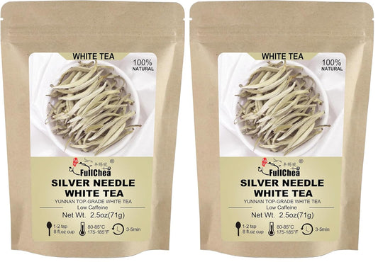 FullChea - White Tea Loose Leaf - Yunnan Silver Needle White Tea - Low Caffeine - Bai Hao Yin Zhen - Refreshing Woody Aroma - 2.5oz/71g (Pack of 2)