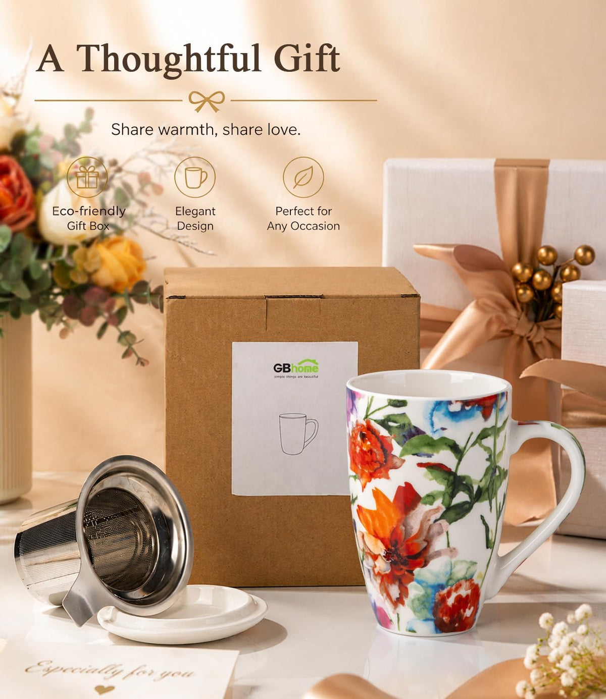 GBhome Tea Mug with Infuser and Lid,18 oz Loose Leaf Tea Cup with Steeper