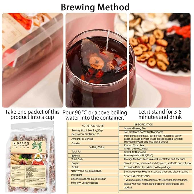 Kidney Tea Formula Ginseng Six Treasure Tea, Ginseng & Mulberry Five Treasures Teas, Chinese Kidney Cleanse Detox for Women & Men (1Bag(25pcs))