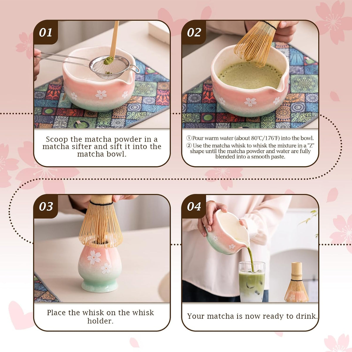 Cherry Blossom Matcha Whisk Set, 7 Pcs Matcha Kit with Matcha Bowl