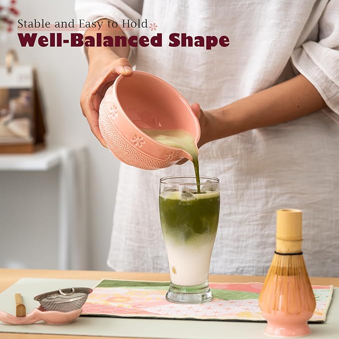 Matcha Tea Set, 8 Pcs Japanese Matcha Kit with Cherry Blossom and Wave Design Ceramic Bowl, Bamboo Whisk, Whisk Holder, Scoop, Sifter, Brush, Matcha Kit Set for Matcha Lovers (Pink)