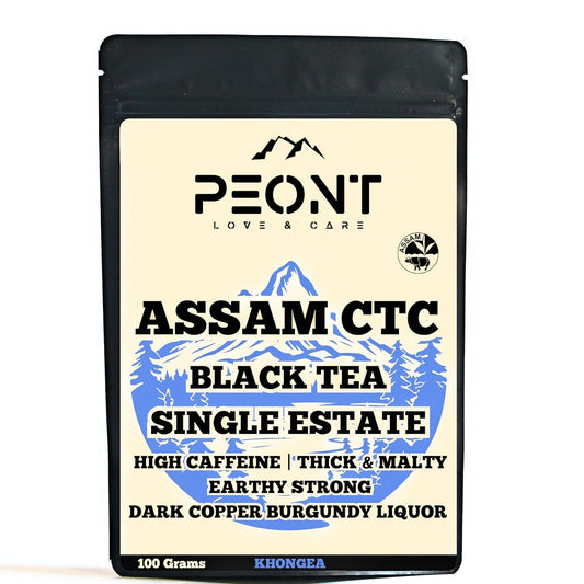 Peont Assam CTC Black Tea, Single Estate, High Caffeine, Robust Malty Flavor, 100g