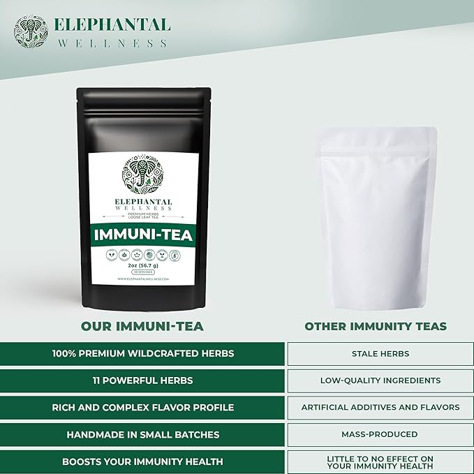 Elephantal Wellness Premium Immuni-Tea | Immune System & Respiratory Support with Reishi, Clove, Echinacea & Elderberry | Handmade, Caffeine-Free, Non-GMO Loose Leaf Blend, 2oz, 20 Servings
