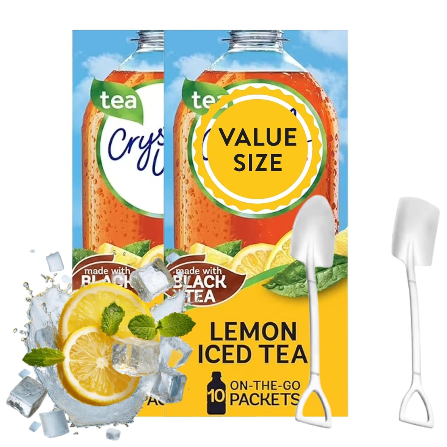 Lemon Iced Tea On The Go Drink Mix - Two (2) Pack of 10pck/0.13oz Pouches - Sugar-Free, Low-Calorie Refreshment Anytime, Anywhere and Candy Freezer Mini Metal Shovel Spoons (2 Pack, Lemon Iced Tea) Shovel Spoon