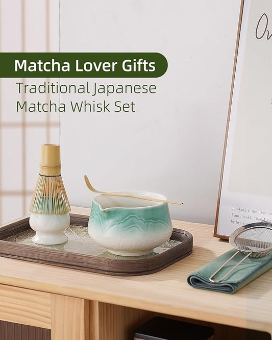 ZENS Matcha Whisk Set, 6Pcs Matcha Set Includes Ceramic Bowl, Bamboo Whisk and Chasen Holder,Scoop, 304 Stainless Sifter & Tea Mat, Matcha Kit for Tea Ceremony, Blue