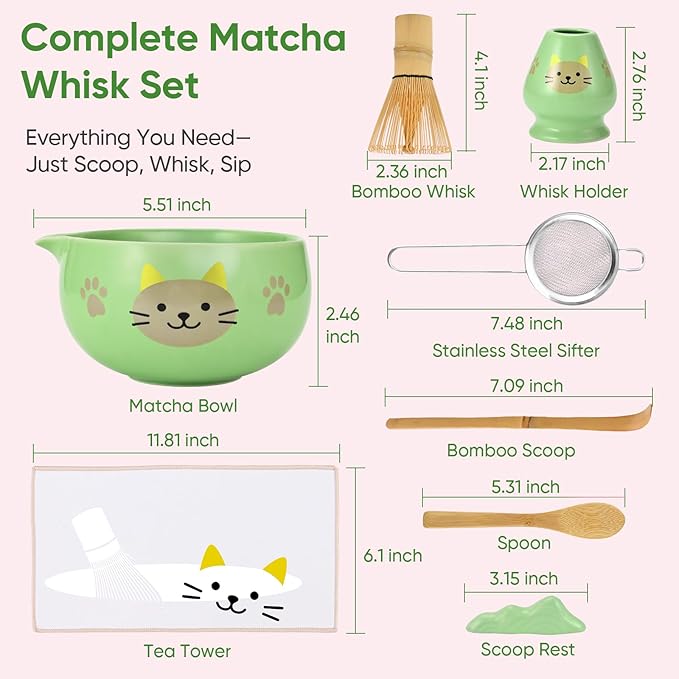 Matcha Whisk Set, 8Pcs Matcha Set for Ceremony, Matcha Whisk and Ceramic Bowl with Matcha Scoop & Sifter and All Accessories for Breakfast