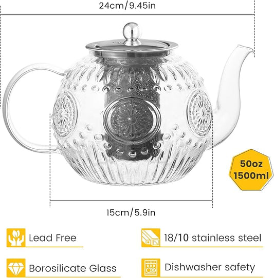 Amzcku 50OZ/1500ml Vintage Glass Teapot with Removable Infuser – Stovetop Safe, Borosilicate Glass Tea Kettle for Blooming & Loose Leaf Tea